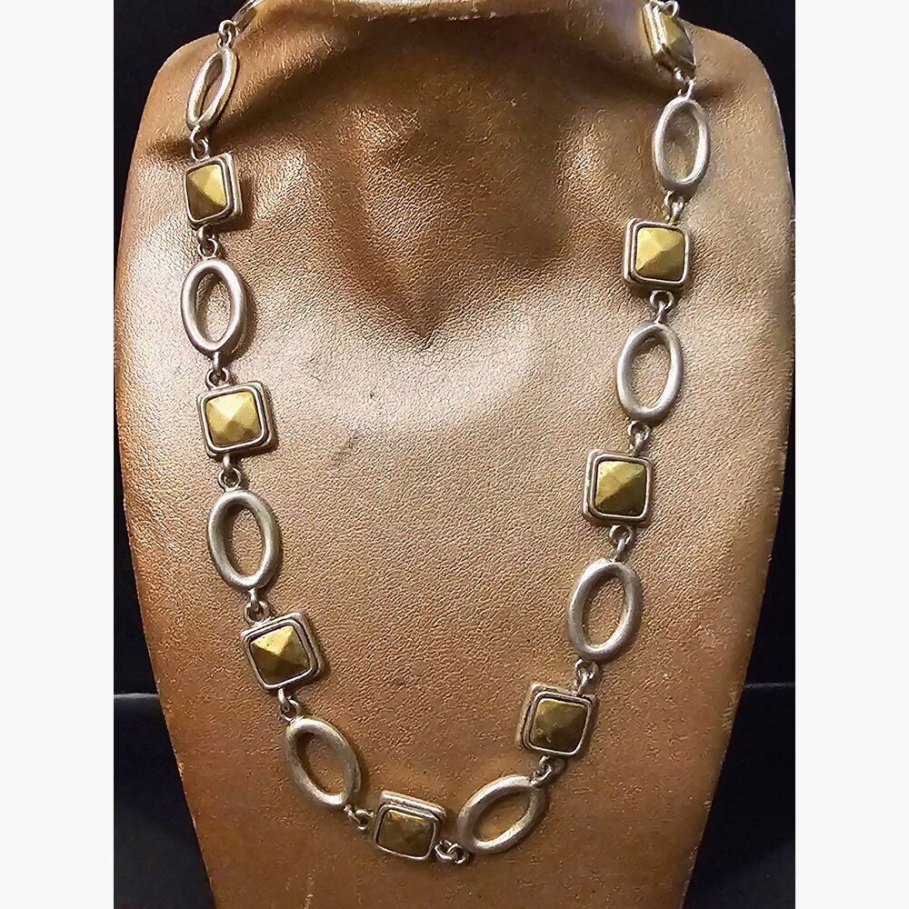 Mixed Metal Geometric Link Necklace Silver GoldTone Squares and Ovals Modern